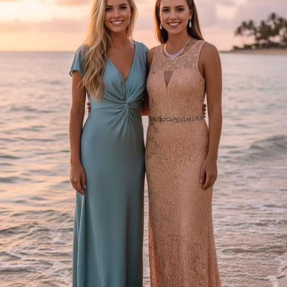 Peach lace & sequin long dress w sequin beaded belt detail 5 My Michelle NWT